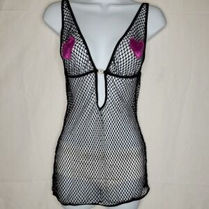 Vintage Fredericks of Hollywood Black Fishnet Lingerie Babydoll w/ Heart Accents
